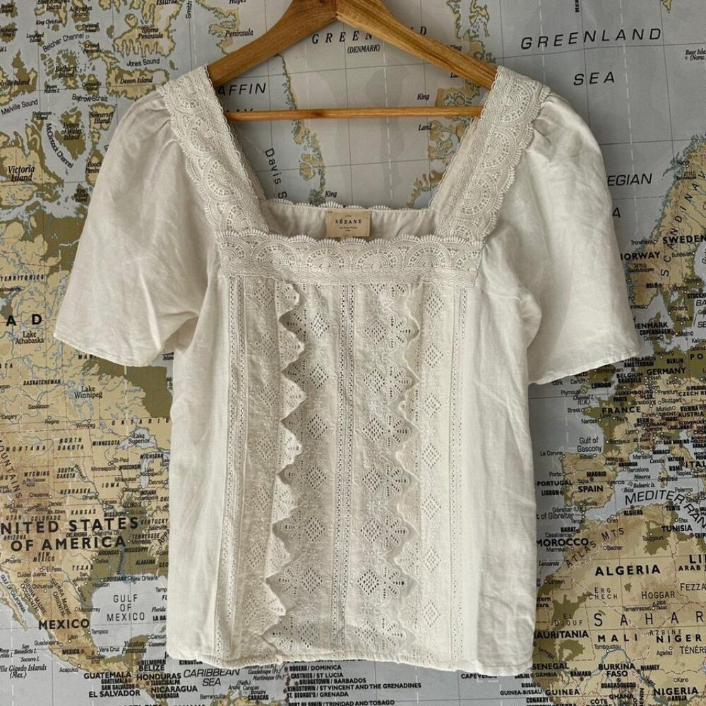 Sezane White Linen Puff Sleeve Square Neck top
